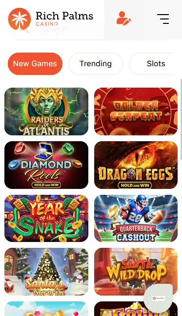 Rich Palms mobile casino app showing the game lobby on a smartphone