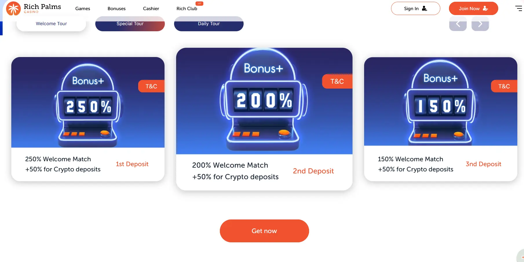 Rich Palms Casino bonuses page featuring the 250% welcome match offer