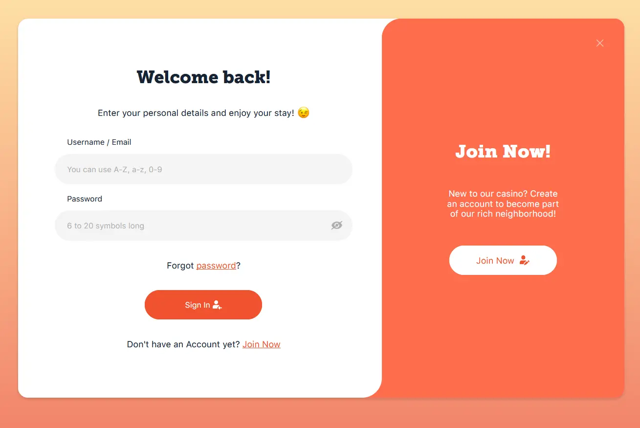 Rich Palms Casino login screen for accessing your player account