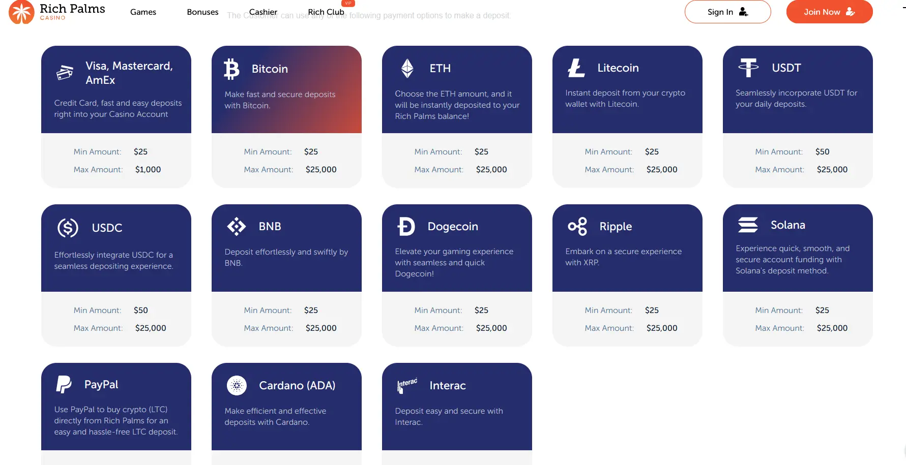Rich Palms Casino cashier showing available deposit and withdrawal methods