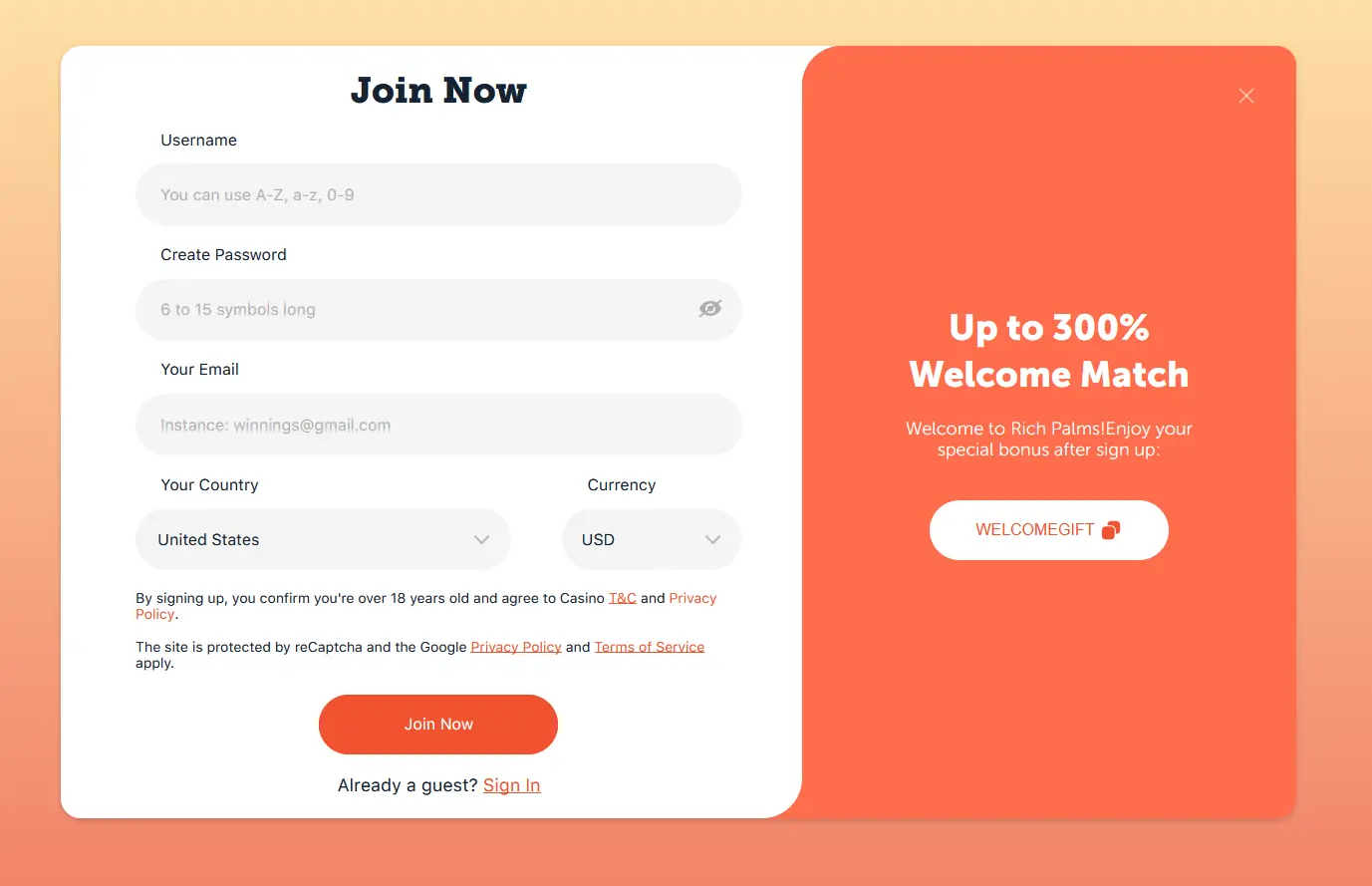 Rich Palms Casino registration form for creating a new player account